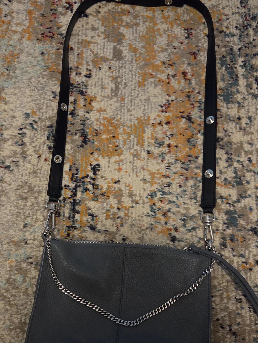 AllSaints Slate Gray Leather Crossbody with Chain Accent